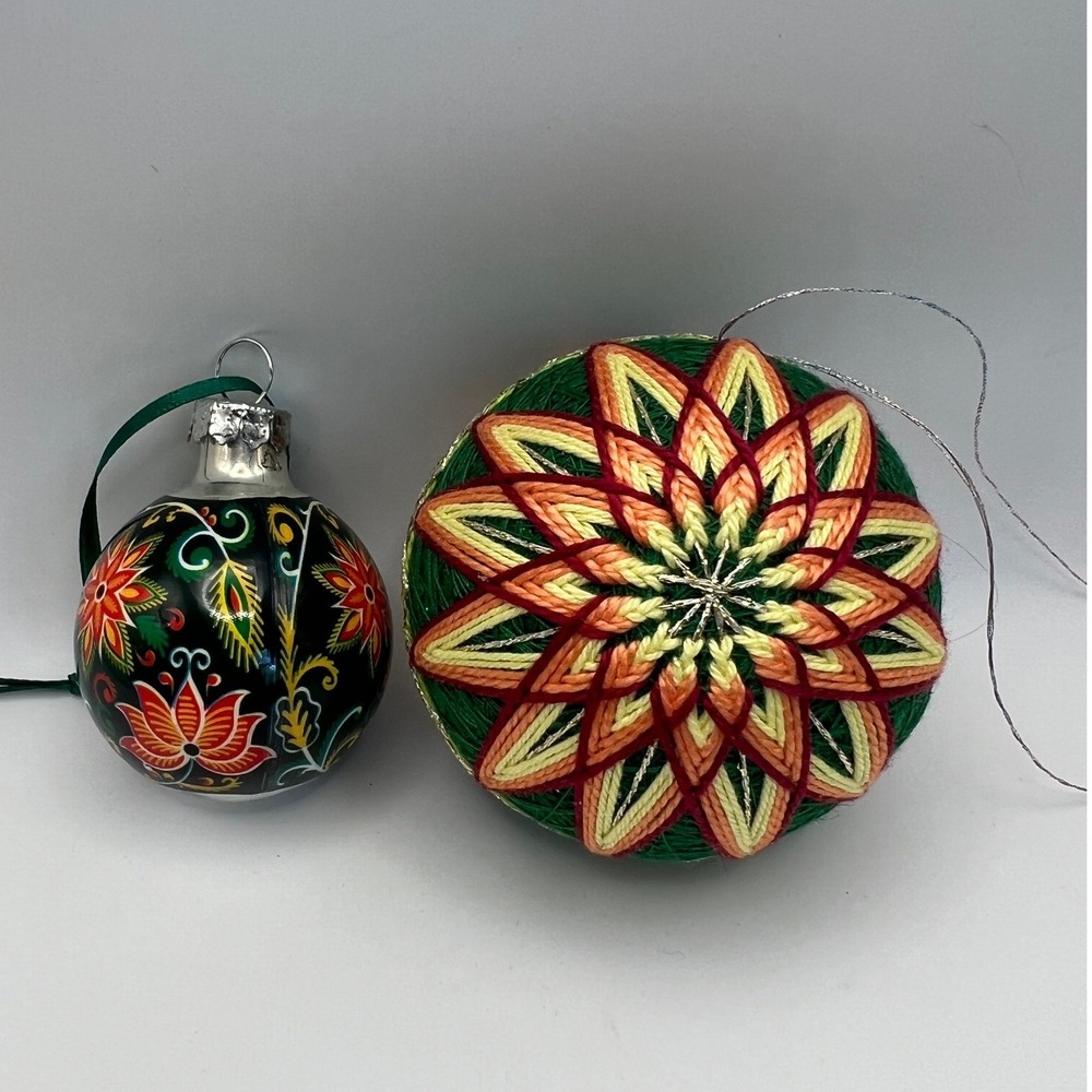 Folk Art Style ornament lot 2 VTG kitsch glass thread cottage core